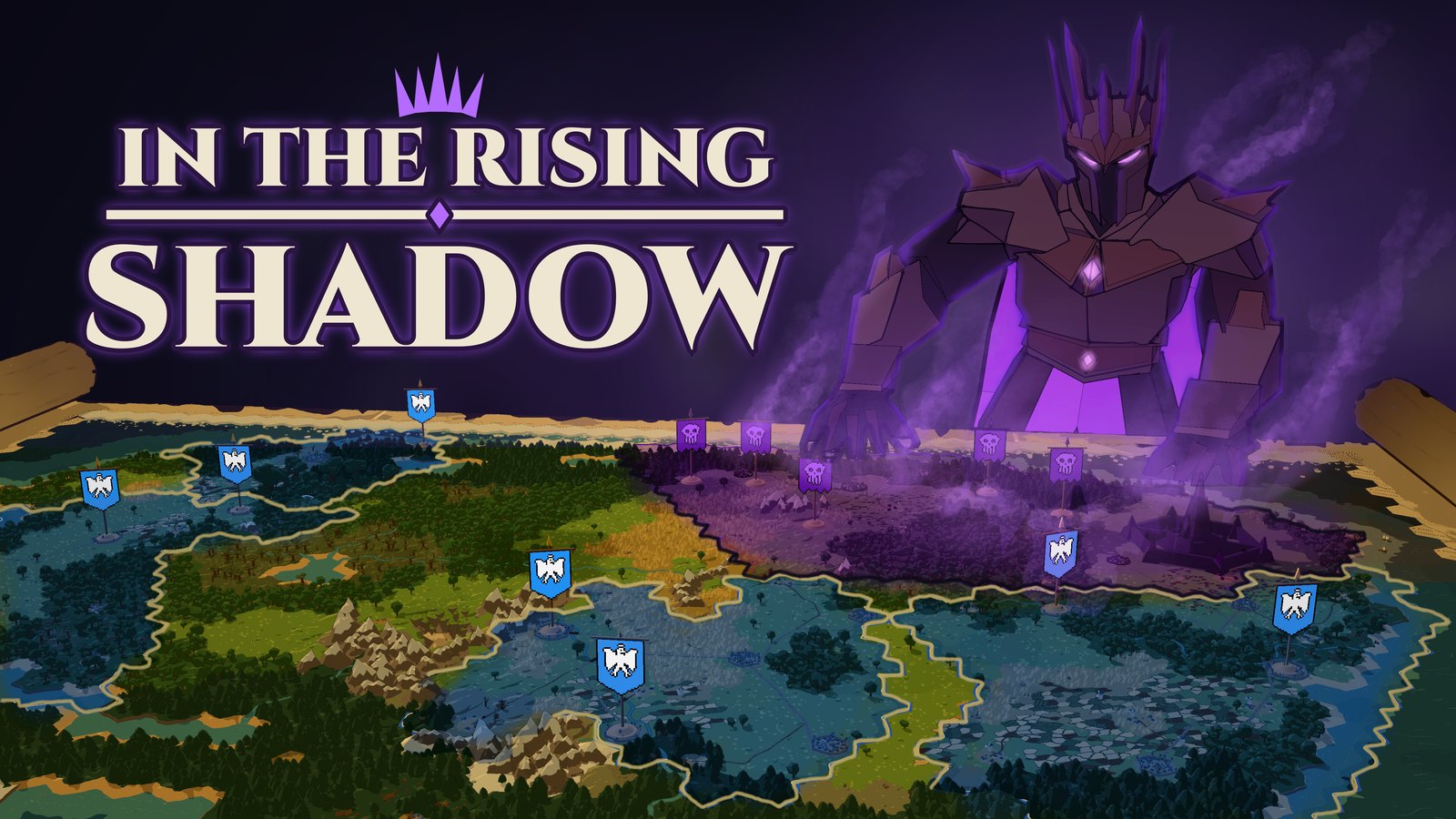 In the Rising Shadow: the Dark Lord leaning over a war map, purple corruption spreading over blue kingdoms